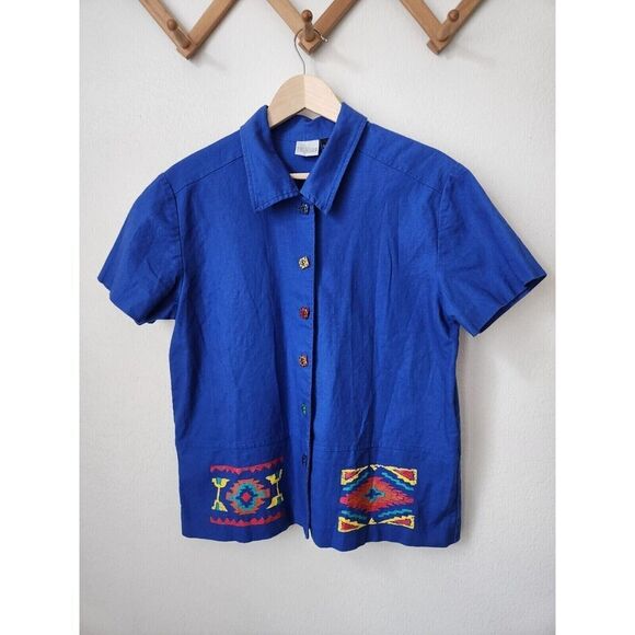 Vtg Carolina Colours womens linen blend southwestern stamp button front shirt 10 - Picture 1 of 6